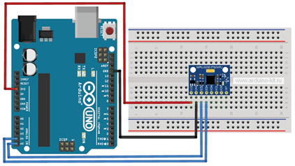 На рисунке показано как подключить модуль GY-521 к плате Arduino